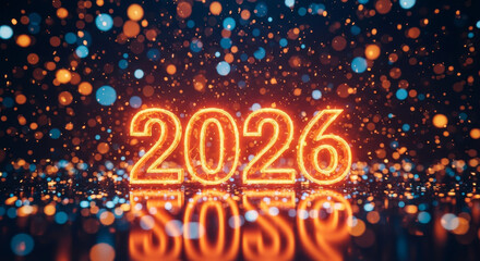 Bright neon 2026 sign with bokeh lights for new year celebrations