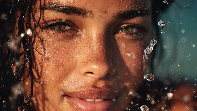 Close-up portrait of a beautiful woman's glowing skin with refreshing water droplets, radiating health and vitality, ideal for beauty and skincare campaigns
