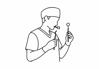 Line drawing of a dentist holding dental tools and wearing surgical cap