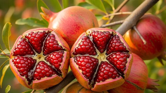 Ripe Pomegranate Fruit Split Open Revealing Juicy Arils on Tree Branch Natural Sunlight Healthy 4K Ai HD high quality video.
