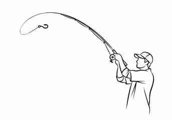Man fishing with a fishing rod and hook in black and white outline art