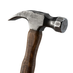 "Well-Used Claw Hammer with Wooden Handle, Eye-Level Studio Shot on White Background" |
