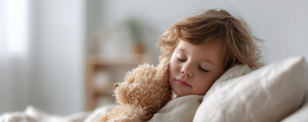 A serene image of a child sleeping peacefully with a teddy bear. Evokes innocence, comfort, and rest. Perfect for parenting blogs, childrens literature, or wellness articles.