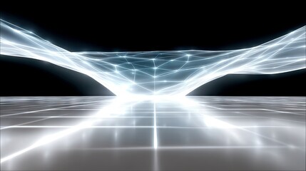 An abstract digital network of glowing blue lines and nodes hovers over a reflective grid floor, set against a black background with bright illumination.