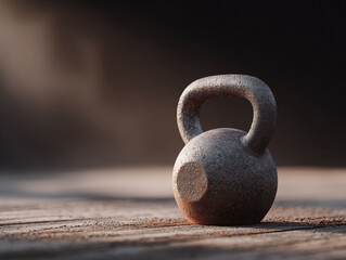 A gritty kettlebell resting on rustic wood evokes strength, endurance,  classic fitness. Perfect for health, gym, or determination concepts.