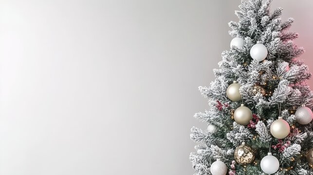 Elegant Christmas Tree with Artificial Snow and Colorful Baubles, Ideal for Holiday Decorations - Powered by Adobe