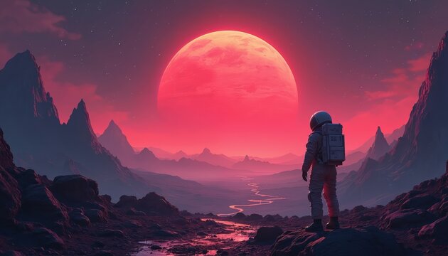 Astronaut stands on alien planet looking at large red moon and starry sky. Outer space explorer gazes at mountain landscape and distant river on exoplanet.