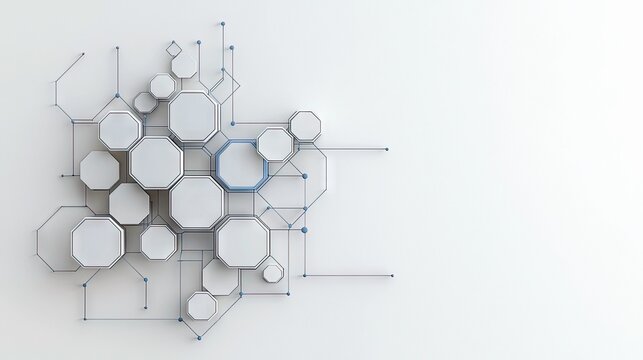 A complex network of white octagonal shapes connected by thin blue lines and dots, set against a clean white background with soft lighting. - Powered by Adobe