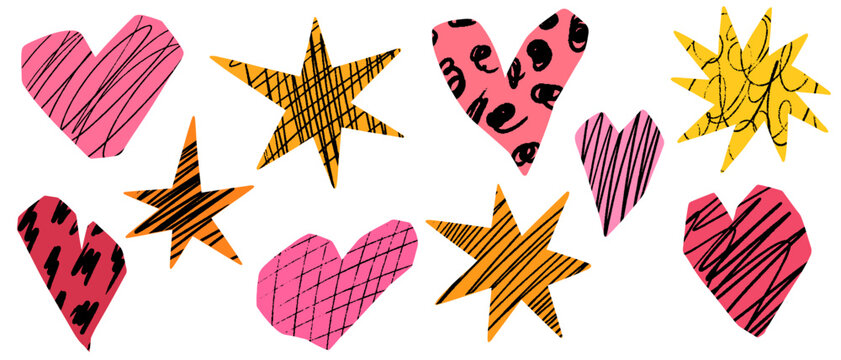 Cut out heart and stars shapes with crayon scribble patterns. Playful irregular collage paper hearts. Vector abstract shapes with torn edges and hand drawn doodle pencil patterns for scrapbooking