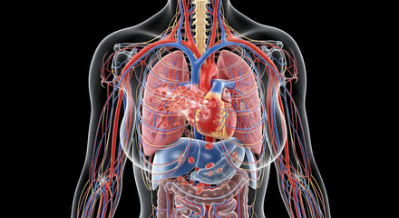 Human Body Anatomy Showing Major Organs and Blood Vessels