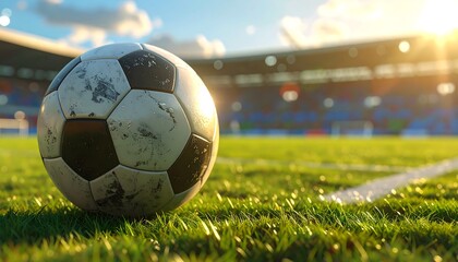 A worn soccer ball rests on a green grass field in a stadium bathed in warm sunlight