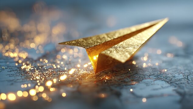 Embark on a journey with a golden paper airplane, lighting the way across a vintage map to new destinations and exciting adventures ahead, creating wanderlust