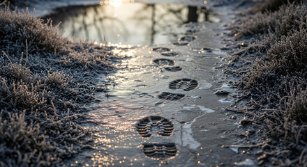 Boot prints in icy mud winter boot footprints in frozen muddy path at sunrise, glittering frost and reflective puddle creating moody nature landscape and concept of journey and solitude