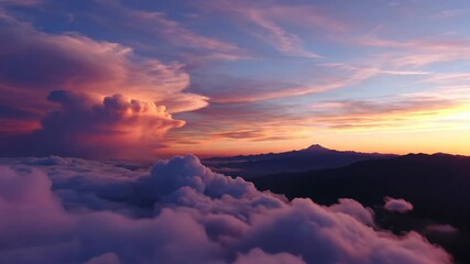 Dreamy aerial view of fluffy clouds and distant mountains illuminated by a vibrant pastel sunset - Powered by Adobe
