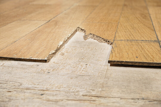 Broken parquet planks on a sports court floor, showing damage and wear in basketball and futsal arenas