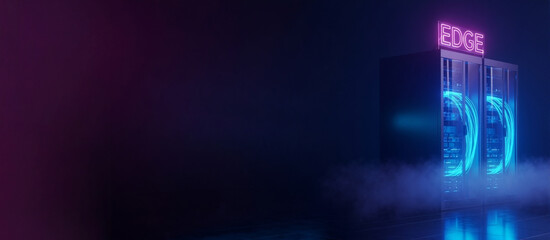 Edge computing concept with server racks in a futuristic data center. Glowing neon lights and fiber optic cables representing network technology. Wide banner with copy space