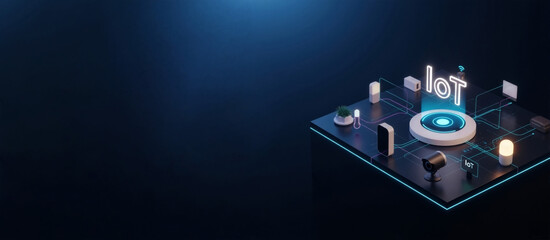 Internet of Things (IoT) smart home automation concept. Futuristic isometric 3D rendering of a connected device network on a dark background with copy space