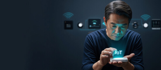 Man interacting with an IoT device projecting a glowing hologram. Futuristic smart home technology and wireless network control concept. Banner with copy space