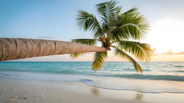 Palm tree leaning over a tropical beach with turquoise water at sunset Keywords: beach, palm tree