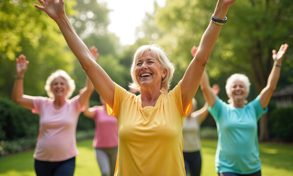 Group of active senior women raise hands in park. Mature females doing fitness exercises outdoor together. Aged cheerful people enjoy wellness time at sunny day. Older ladies have fun in nature.