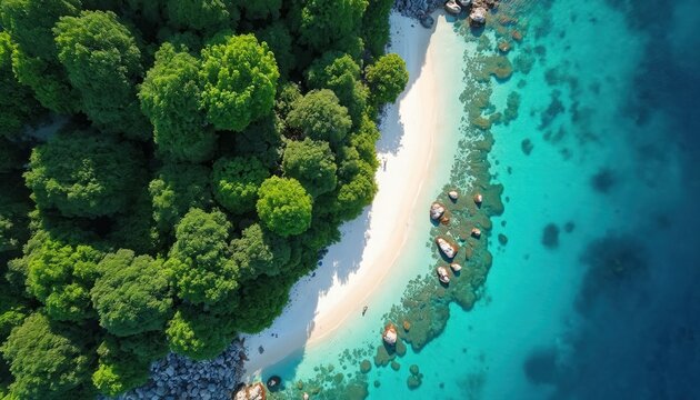 Aerial view of lush green island shoreline with white sand beach and clear turquoise water. Rocky coast meets ocean in tropical paradise. Lone person walks along shore, enjoying secluded bay.