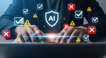 Hands Typing on Laptop with Glowing Ai Shield, Checkmarks, Exes, Warnings, Dark Suit and Gray Background in Office Under Diffused Lighting