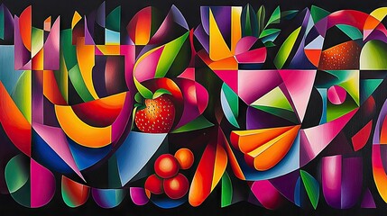 A vibrant, abstract still life composition featuring stylized fruits like strawberries and oranges, integrated within a pattern of colorful geometric shapes aga