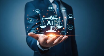 Digital Scales of Justice Overlayed on Hand in Dimly Lit Blue Background with Suit and Various Digital Icons Displaying Artificial Intelligence