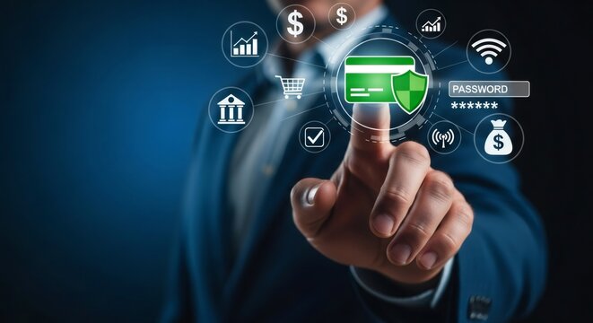Man Touches Credit Card with Shield Icon on Dark Blue Background Security Concept