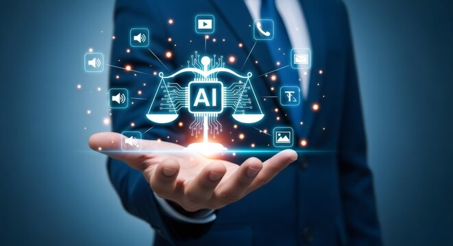 AI Scales of Justice Floating Above Open Hand in Blue Business Suit Surrounded by Technology Icons on Textured Blue Background