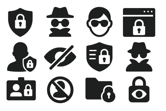 Privacy Protection Icons. Solid style icons of privacy protection: privacy shield, incognito icon, hidden face, secure browser,