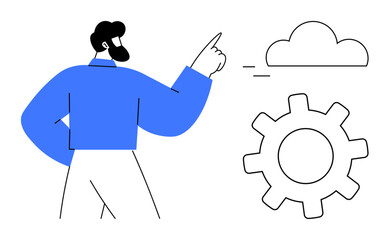 Person gesturing toward cloud and gear, symbolizing innovation, technology, cloud computing, teamwork, development, digital transformation, strategy. Ideal for IT business and automation themes