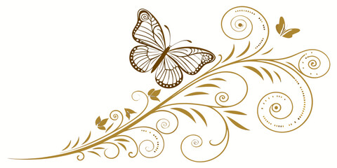 Fototapeta premium Elegant horizontal golden scrollwork vector border featuring swirling lines and a perched butterfly outline motif.
