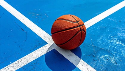 Basketball resting on a blue outdoor court near a white line, captured from above with clean composition and vivid colors.