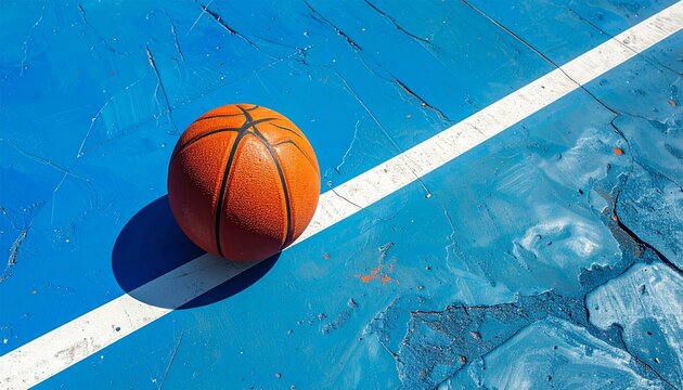 Basketball resting on a blue outdoor court near a white line, captured from above with clean composition and vivid colors. - Powered by Adobe