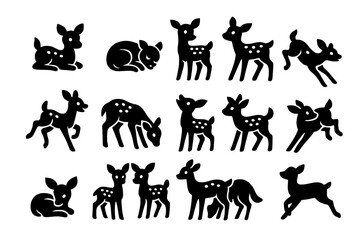 Fototapeta premium Fawn Icon Collection. Solid style icons of Fawns: newborn fawn, curled sleeping fawn, standing fawn, walking fawn, playful fawn,