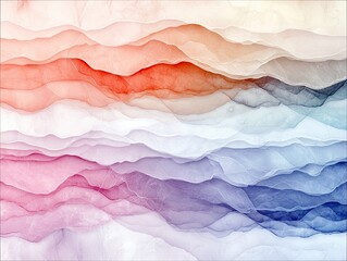 Abstract background of flowing, layered watercolor waves in a gradient of warm reds, pinks, purples, blues, and whites, creating a sense of depth and movement.