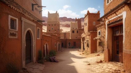 Fototapeta premium Ancient Moroccan Village Street Scene with Traditional Architecture.