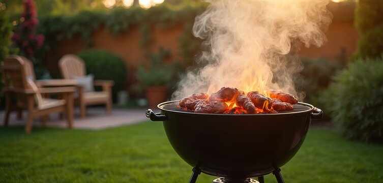 Outdoor cooking on charcoal grill at dusk. Meat and sausages sizzle over hot coals and flames. Smoke rises in backyard with green grass and furniture.
