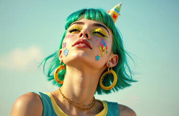 Woman with vibrant green hair, colorful makeup wears stickers on face. Large yellow hoop earrings adorn. Looks up towards sky, wearing festive party hat. Style bold, modern, suggesting playful