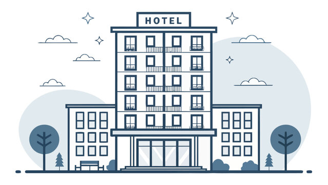 Modern hotel building illustration perfect for tourism ads, vacation planning, and hospitality marketing materials, showcasing a clean and inviting design