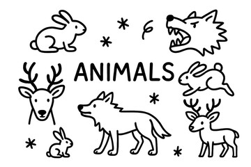 Fototapeta premium Black and white drawing of animals including deer, rabbits, and wolves
