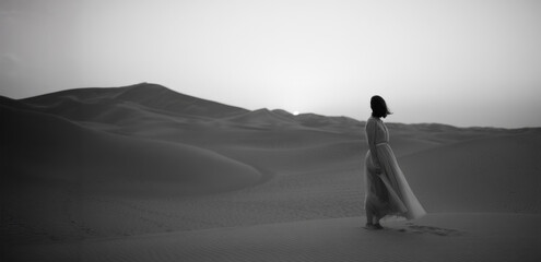 A solitary figure in a flowing dress stands amidst vast desert dunes at sunrise/sunset, captured in timeless black and white. Evokes themes of contemplation, journey, and freedom in nature.