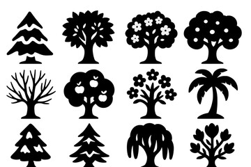 Seasonal Trees Icons. Solid style icons of Seasonal trees: snow-covered pine, autumn maple, spring blossom tree, summer oak, bare