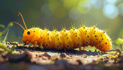 A yellow caterpillar with black spots crawls across a textured surface, backlit by blurred green foliage