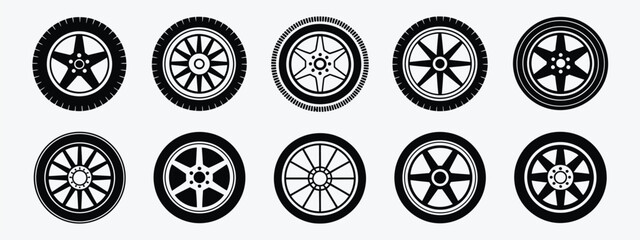 Car tire icons showing black wheel silhouettes, rim designs, and circular rubber forms ideal for auto service graphics, mechanic illustrations, and transportation themed vector projects