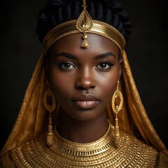Opulent Portrait of an African Kushite Woman Adorned in Pure Gold