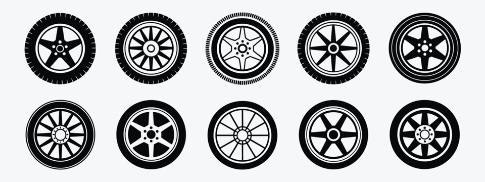 Car tire icons showing black wheel silhouettes, rim designs, and circular rubber forms ideal for auto service graphics, mechanic illustrations, and transportation themed vector projects
