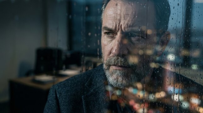 Resilient businessman reflecting at rainy window for visually rebranding B2B finance