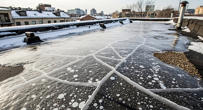 Ice sheet on rooftop frozen rooftop with thin sheet of ice, white cracks and bubbles forming abstract pattern, city buildings in background, concept of winter weather, urban cold and roof safety